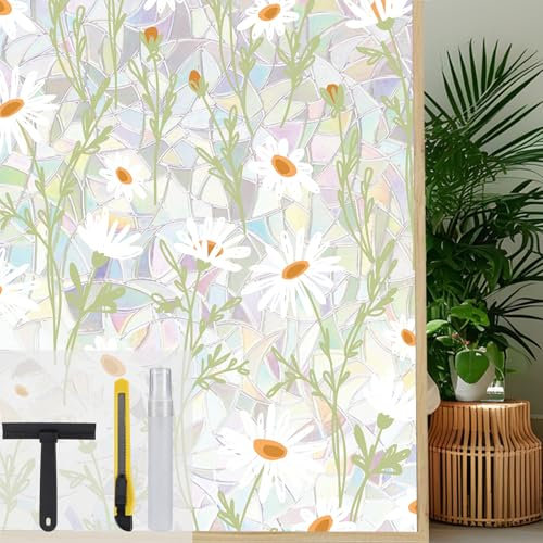 Maritown Window Film Privacy 60W x 200H cm Rainbow Static Cling Window Film Plants Flowers Patterned Stained Glass Decorative Window Covering Stickers Films for Bathroom Kitchen Glass Windows Doors