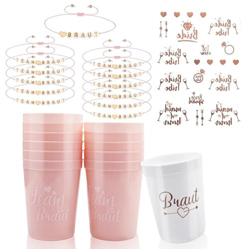 Junggesellenabschied Frauen, Braut und Team Braut Tassen mit Tattoos Set, 12 JGA Becher + 12 JGA Armbänder Frauen + 1 JGA Tattoo Aufkleber für Junggesellenabschied, Dating,Hochzeit, Begleitgeschenk