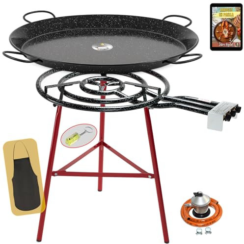 COMBOI Kit Paellero Gas Butano 70 cm – Paellera Esmaltada 90 cm, Patas Reforzadas, Regulador, Manguera, Nivel, Delantal y Recetario Digital – Quemador de 3 Aros para Exterior