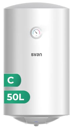 Svan Termo Eléctrico Vertical 50 Litros ST5001S. Instalación Vertical, 1500W, Incluye Kit de Montaje, Resistencia de Acero inoxidable, Blanco, Eficiencia Energética Clase C