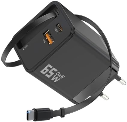 Suoxiom 65W USB C Ladegerät GaN mit 60cm Einziehbarem, 65W 3 Ports Schnellladegerät mit USB-C und USB-A, Tragbar GaN Power Adapter für iPhone 17 16 15 14 13 12Pro Max, MacBook Pro/Air, Samsung, Handys