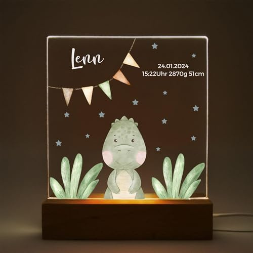 Nachtlicht Kinder personalisiert Linos Dino Wimpelkette – LED Nachtlicht Baby & Stilllicht – Schlummerlicht für Kinderzimmer – Lampe mit Namen – Personalisiertes Geschenk zur Geburt für Jungen