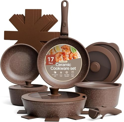 Bakken 17-Piece Ceramic Coated Aluminum Cookware Set, Nonstick Pots and Pans with Lids, Silicone Cooking Utensils & Oven Mitts, All Stovetop Safe Up to 500°F, PTFE & PFAS Free, Dishwasher Safe