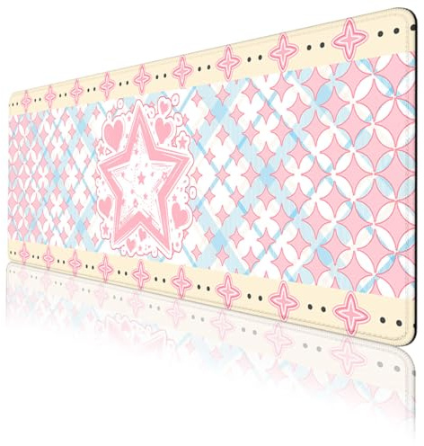 Cute Pink Gaming Mouse Pad Magical Dream Sweet Star Kawaii Extended Gaming Mouse Pad Mat with Stitched Edge Non-Slip Base Big Mouse Mat
