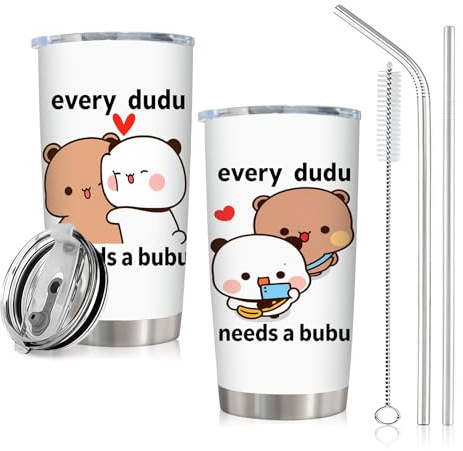 Cunegra Bubu Dudu Edelstahl Becher mit Deckel und Strohhalm, Süße Partner Geschenke Dudu Bubu Thermobecher mit Spruch, 600ml Trinkbecher mit Deckel und Strohhalm, Edelstahlbecher für Schule und Büro