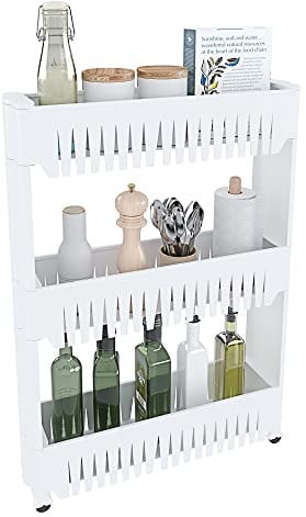 EGLEMTEK Carrellino con 3 Ripiani Salvaspazio Scaffale Portaoggetti Per Cucina Soggiorno Bagno Portaoggetti Con Rotelle 54 x 12,5 x 72 cm Colore Bianco