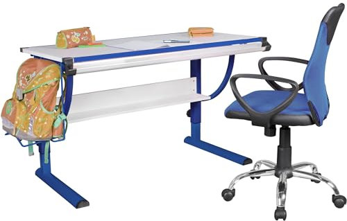 Wohnling Design Kinderschreibtisch Holz 120 x 60 cm blau/weiß, Jungen Schülerschreibtisch neigungs-verstellbar, Schreibtisch Kinder höhenverstellbar