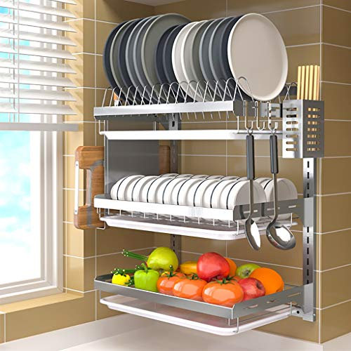 ZJF WDJ Kitchen Wall-mounted Stainless Steel Dish Rack Drain Rack With Drain Pan Perforated Installation - 2 Layers / 3 Layers. (Size : 3 layers-High21.9in)