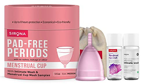 Sirona Wiederverwendbare Menstruationstasse - mittlere Größe mit Tasche, Mini Intimate Wash 15ml & Cup Wash 15ml | Ultra Soft Period Cup Gebildet mit Liquid Medical Grade Silikon