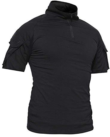 LiliChan Men’s Tactical Short Sleeve Shirts Military Shirt Outdoor Shirt Tactical Combat Shirt with Zipper (Large, Black)