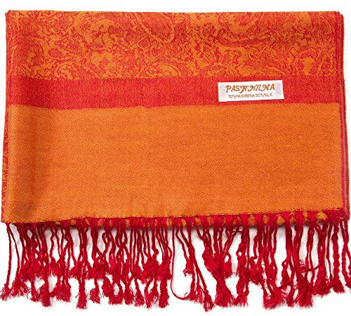 Becolored Paisley-Pashmina-Seidenschal, Jacquard, Kaschmir, Stola, zweifarbig, wendbar, 39-orange/Feuer, Large
