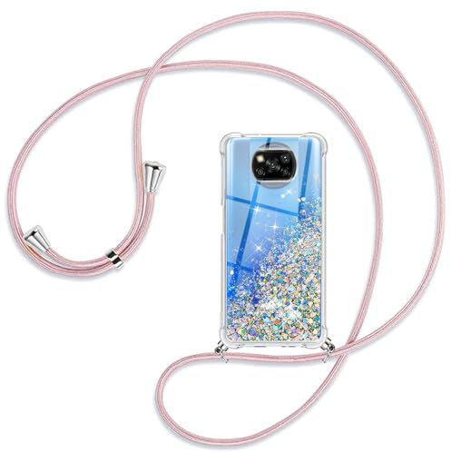 Handykette kompatibel mit Xiaomi Poco X3 Pro/Poco X3 NFC/Poco X3 Smartphone Necklace Hülle mit Band, Schnur mit Case Stylische Kordel Kette, Kristallklare Handyhülle zum Umhängen, Roségold