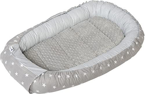 Medi Partners Babynest Nestchen für Neugeborene - 100x60x15 Babynestchen Baby zweiseitg Nest Bett 100% Baumwolle Minky Kuschelnest tragbar (graue Sternen mit graue Minky)