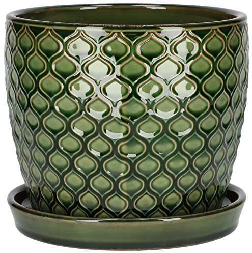 KOTARBAU® Keramik Blumentopf Übertopf für Pflanzen ⌀ 17 cm Grün Vintage mit Tropfschale Fischschuppenmuster