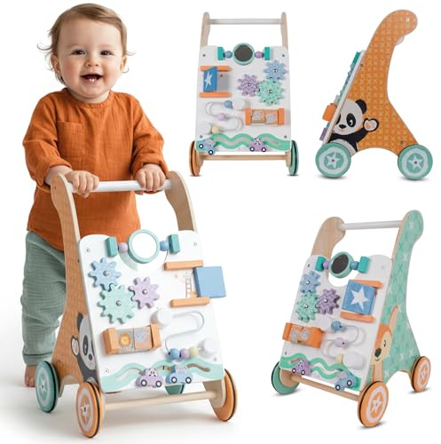 SUN BABY Carrello primi passi 1 anno 2in1 pannello attività multicolore | Carrellino legno; pannello sensoriale; ingranaggi labirinto specchio sorter; giochi montessori; EN71; equilibrio