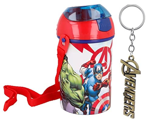Gourde Avengers Pop Up avec cordon de cou pour un transport facile à l'école, le déjeuner, les enfants, 450 ml avec porte-clés Avengers