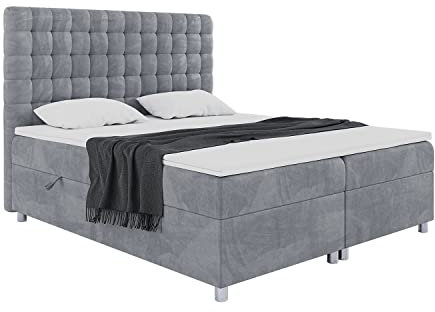 MEBLINI Boxspringbett mit Bettkasten - Gepolstert Doppelbett mit Matratze und Topper - Polsterbett mit Stauraum - Bett mit Kopfteil - Stauraumbett - Aston - 160x200 - H4/Grau Samt