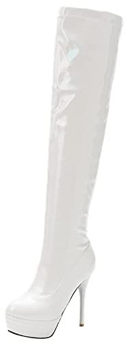 Lroey Reoly Stivali da Donna Sopra Il Ginocchio con Tacco a Spillo, Stivali da Festa Tacco Alto Punta Rotonda Boots Zip Plateau 063 Bianco Numero 40 EU