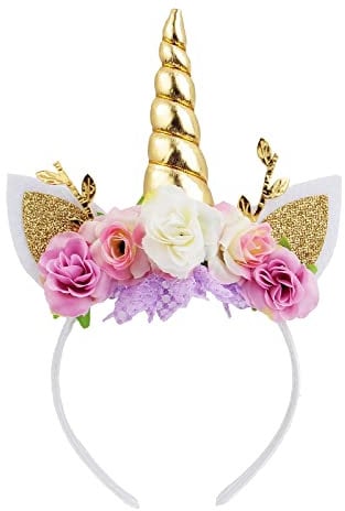 Nishine Einhorn Horn Floral Stirnband Glitter Ohren Pony Kopfbänder Tiara für Mädchen Party Geburtstag Cosplay(Gold&Elfenbein)