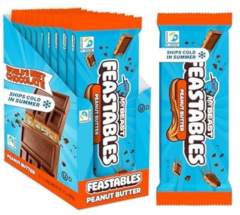 Feastables MrBeast Chocolate Bars/Barres de chocolat MrBeast de Feastables (10 x 60g) (Deez Nutz/Milk Chocolate Peanut Butter)