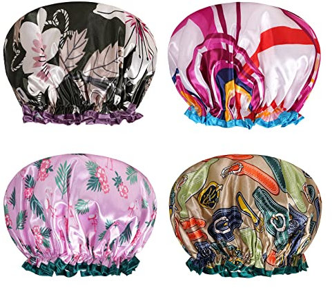 AOOWU Satin Duschhaube, 4 Stück Wasserdichte Elastische Shower Cap, Wiederverwendbare Doppellagige Schlafhaube für Locken Damen und Mädchen Zuhause Hotel Reisen(Farbstreifen+Flamingo+Gürtel+Lilie)