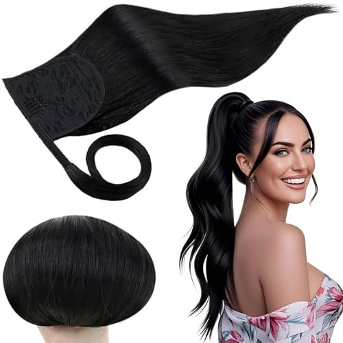 RUNATURE Pferdeschwanz Haarteil Echthaar Schwarz Echte Haare 50cm Lang Ponytail Extension Echthaar Schwarz Menschliches Haar Echthaar Zopf Gerade Haarextensions 80g #1