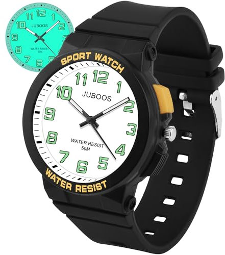 Juboos Armbanduhr Kinder,Kinderuhr Jungen Mädchen Analog Quartz Uhr mit Armbanduhr Licht 50M Wasserdicht Outdoor Sports Jugend Uhr 7-16 (schwarz weiß)