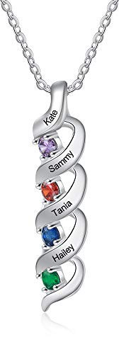 lorajewel Personalisierte Ketten für Damen Kette mit Namen Geburtstags-Steine Geschenk zum Muttertag Großmutter, Tochter, Ehefrau Geschenk Silber-Anhänger (4 name)