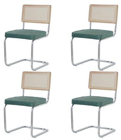 BenyLed Lot de 4 Chaises de Salle à Manger en Velours avec Pieds en Métal Chromé ; Chaises de Cuisine Modernes avec Dossier en Bois Massif de Rotin (Vert- Velours hollandais)