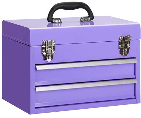 14 Inch Steel Portable Tool Box with drawers - Tool Storage Box Organizer with Metal Latch Closur - Powder Coated Toolbox Chest for Tools Storage Cabinet (PURPLE)