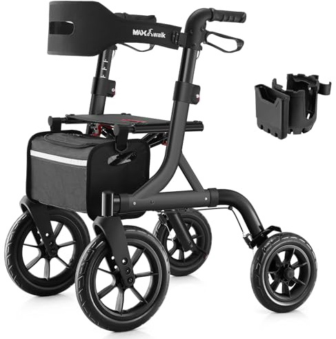 MAXWALK Rollator Faltbar und Leicht mit Sitz,30cm Reifen für Allen Gelände | Outdoor Leichter Rollator All-terrain,Integrierte Seilzugbremsung,Aluminium Höhenverstellbarer Rollatoren für Senioren
