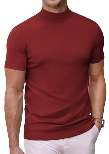 COOFANDY Mock Turtleneck Men's T Shirts Ribbed Round Neck T Shirts for Men Half Neck Undershirt Summer Tops Wine Red XXL