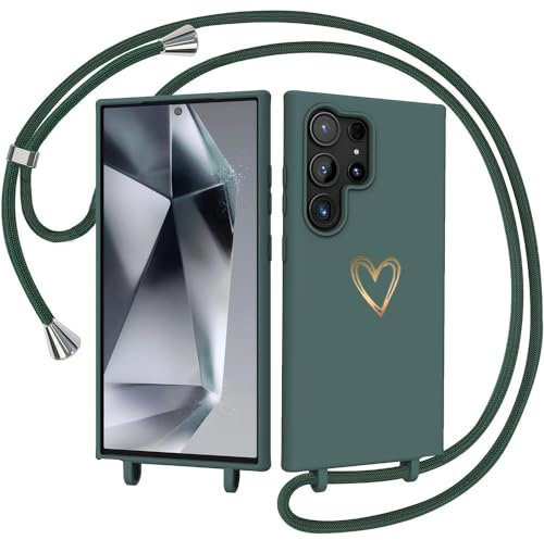 CaseLover Handyband für Samsung Galaxy S23 Ultra Hülle mit Band, Herz Muster Silikon Necklace Handyhülle mit Abnehmbar Kordel zum Umhängen Stossfest Bumper Handy Schutzhülle für S23 Ultra 5G, Grün