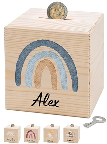 Bärenfreunde® - Personalisierte Spardose Kinder aus Holz mit Metallschloss - Spardose mit Namen mit kinderfreundlichem UV-Druck zum Sparen für Kinderträume (Regenbogen blau gelb)