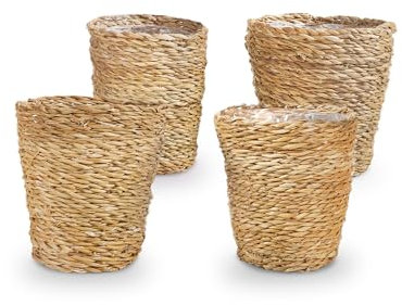 Bloomique - Geflochtener Blumentopf Coco - Set mit 4 Töpfen - Beige - Seegras - Korb für Pflanzen - Innen und Außen - H13x Ø12