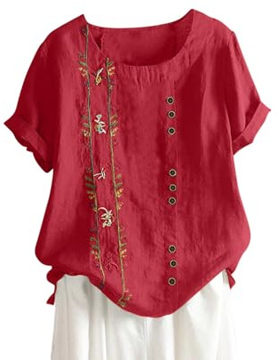 Chemise Lin Femme Manches Courtes Ete Chemisiers et Blouses Femme Imprimé Floral Tee Shirt Chic et Elegant Boheme Chic T-Shirt Lâche Respirant Coton Lin Tops Mode Ample Légère