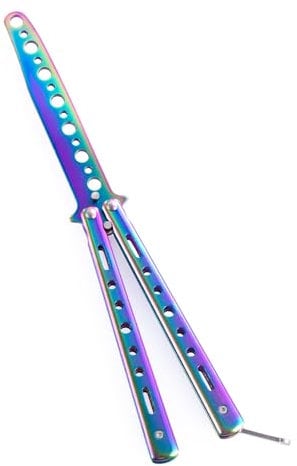 Ideal Swan 1 Pcs Butterfly Knife with Unsharpened Blade, Martial Arts Trainer Bailisong Knife Sword, Folding Butterfly Finger Knife Trainer, Titanium Butterfly Knife for Practicing (Rainbow Colored)