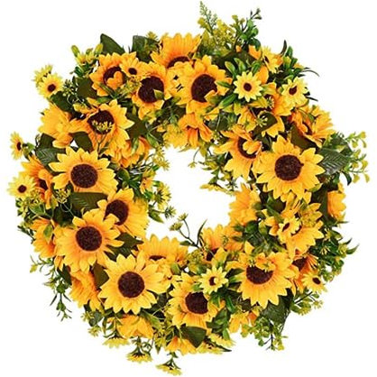 Summer Wreaths for Front Door Yellow Sunflower Green Leaves Garland Artificial Flower Wreath for Front Door 40cm