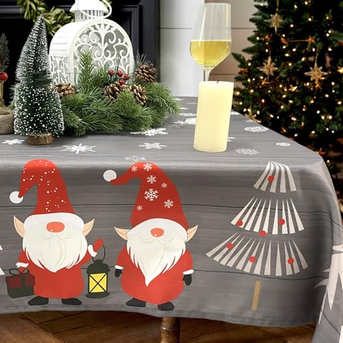 Zmorfiya Grau Weihnachten Tischdecke 140x200cm, Abwischbar Rechteckig Tischdecke mit Wichtel Schneeflocke Tannenbaum, Wasserabweisend Waschbar Festlich Tischtuch Decoration, für Fest Küche Winter