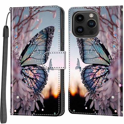 Salanheo Wallet Case for iPhone 15 Pro, Butterfly wing | Card Slots, Kickstand, Shockproof, Magnetic Closure, PU Leather, Flip Wallet Book, Lanyard Strap