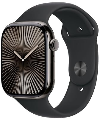 Apple Watch Series 10 (GPS + Cellular 46 mm) Smartwatch mit Titangehäuse in Schiefer und Sportarmband in Schwarz (S/M). Fitnesstracker, EKG App, Always-On Retina Display, Wasserschutz