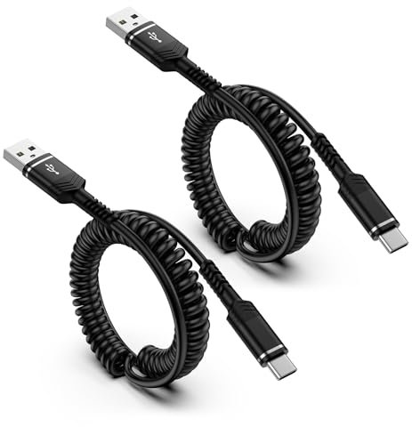 Coiled USB C Cable for Car, 2Pack Spring Type C Charger Cable Fast Charging Lead, Retractable Phone Charger Android Auto Cable for Samsung Galaxy S25 S24 S23 S22 S21 A55 A54 A16, Huawei,Google,Xiaomi