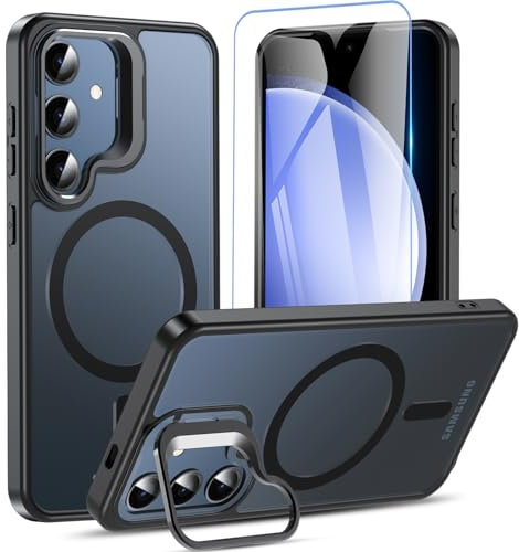 Für Samsung Galaxy S25/S24 Hülle Kompatibel mit MagSafe, S25/S24 Hülle mit Magnetisch Ring Ständer mit Schutzfolie Matte Handyhülle Case für Samsung S25/S24 (Schwarz)