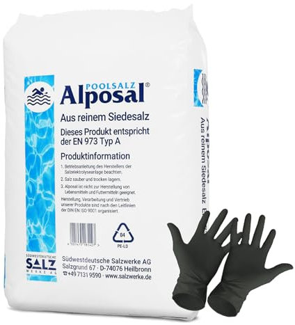 Alposal Poolsalz 25kg Poolsalz, Schwimmbadsalz, Chlorinator geeignet, Salzelektrolyse, Siedesalz inklusiv 1 Paar ARNOMED Einweghandschuh