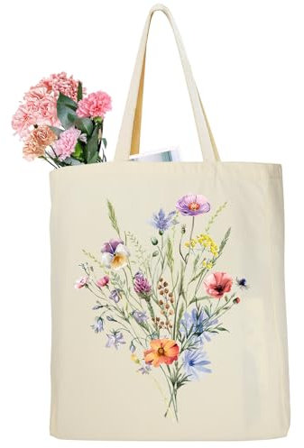Stoffbeutel Bedruckt - Frühling Blumen Baumwolltasche - Gänseblümchen wilde Blumen Einkaufstasche - Handtasche Damen Tragetasche Canvas-Stoff 35 x 42 x 8 cm - Geschenke für Frauen zum Geburtstag