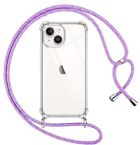 Pnakqil Handyband für iPhone 13 mini Hülle mit Band, Transparent Weich Silikon mit Kordel Necklace Schnur Anti-Fall Bumper Schutzhülle Case Kompatibel mit iPhone 13mini 5.4, Lila