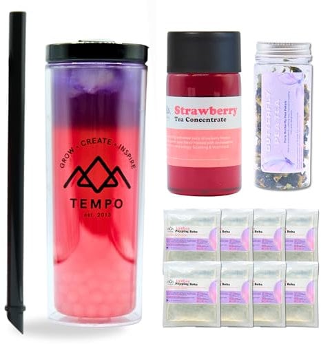 Bubble Tea Starter Kit, 8 Servings, Reusable Boba Cup, Strawberry Tea Concentrate, Lychee Popping Boba, Butterfly Blue Tea