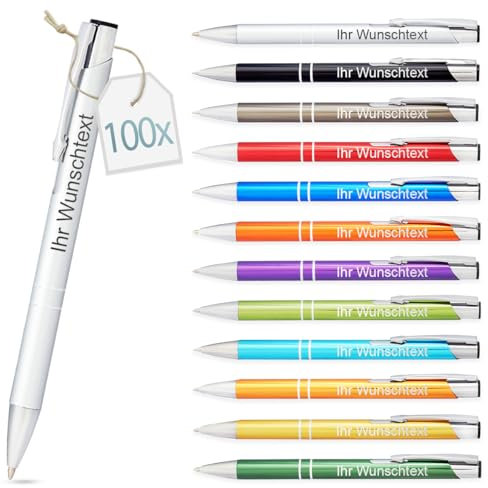 Kugelschreiber mit Gravur | personalisierter Stift mit Wunschtext | blaue Mine | Werbegeschenk & Werbeartikel | personalisierte Kulis für Hochzeit, Büro & Schule (Silber, 100 Stück)