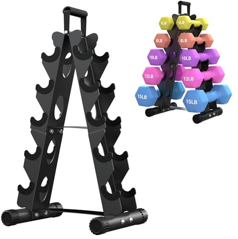 KingMile 5 Tier Dumbbell Rack Stand Only, A-Frame Design Weight Rack with Handle, Weights Metal Strength Training Dumbbells Storage Rack for Home Gym Space Saver (Dumbells not Included)