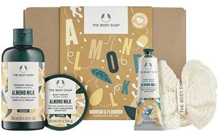 The Body Shop Almond Milk & Honey Gift Set - Skin Care Set with Shower Cream, Body Yogurt, Hand Balm & Sponge - Vegan, for Sensitive Skin